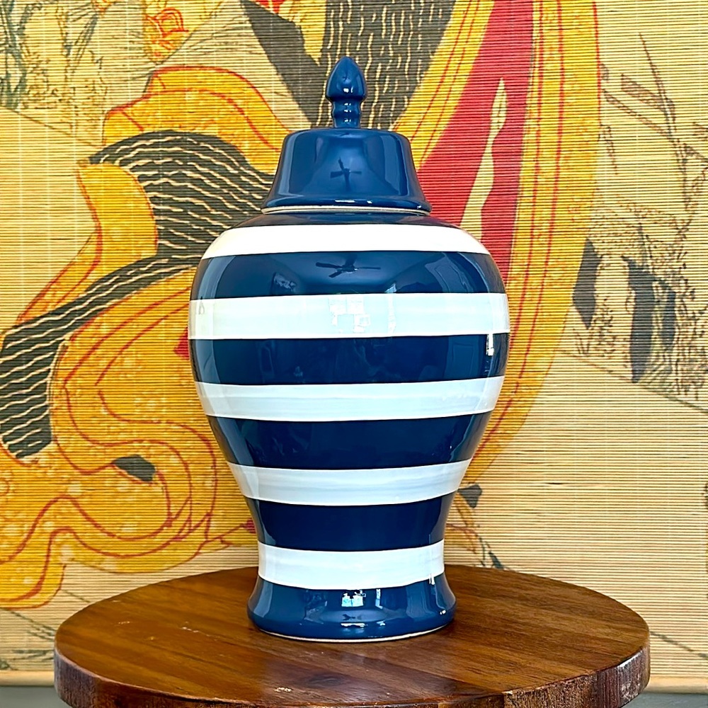 Tall Classic Blue white 18” Chevron Ginger Jar with lid